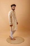 Arsh Handcrafted Fawn Gala Booti Pure Cotton Men's Kurta - arshchikan
