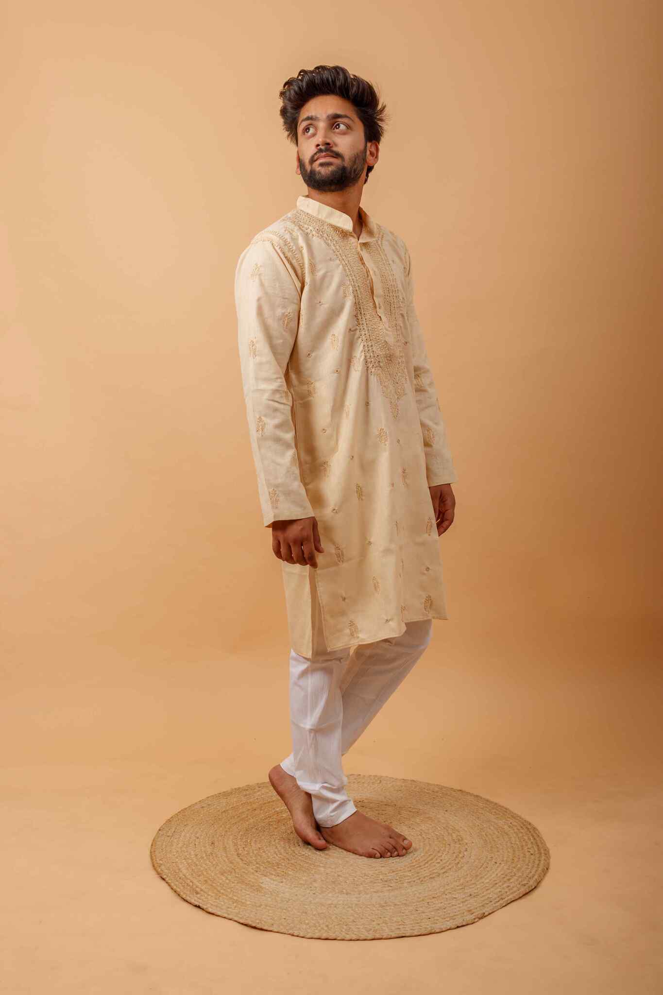 Arsh Handcrafted Fawn Gala Booti Pure Cotton Men's Kurta - arshchikan