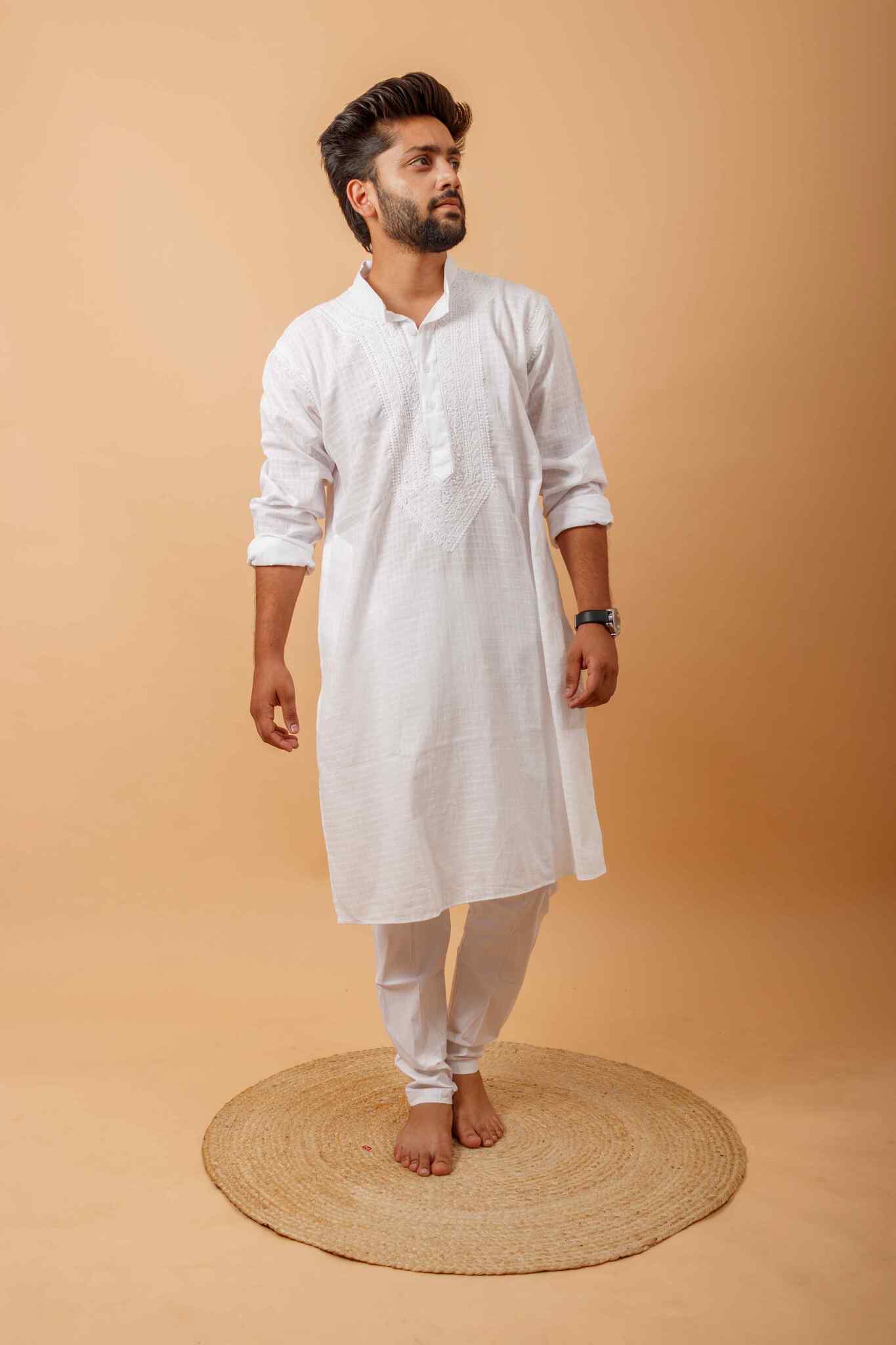 Arsh Handcrafted Self-Checked Hand Embroidered Pure Cotton Men's Kurta - arshchikan