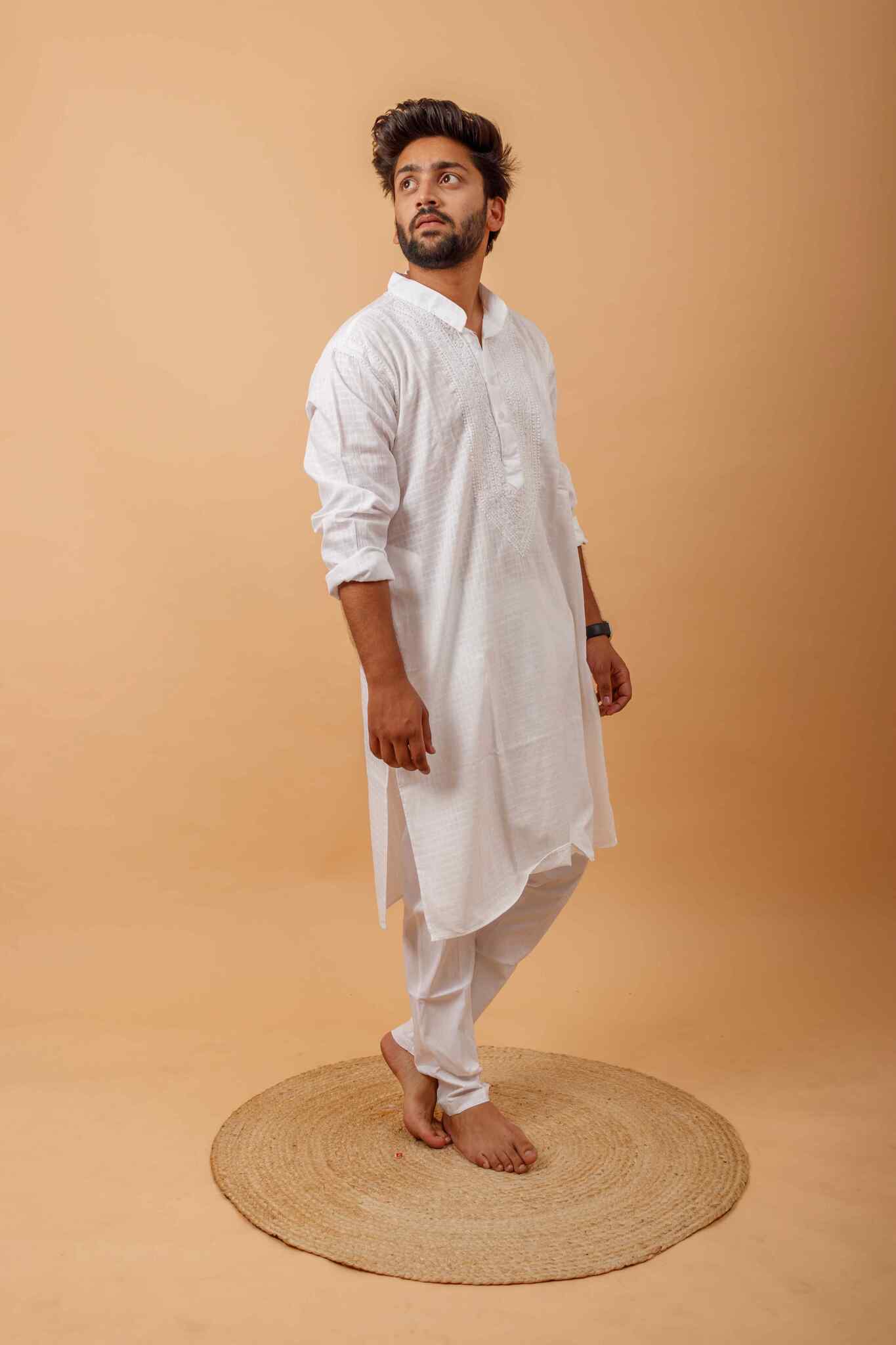 Arsh Handcrafted Self-Checked Hand Embroidered Pure Cotton Men's Kurta - arshchikan