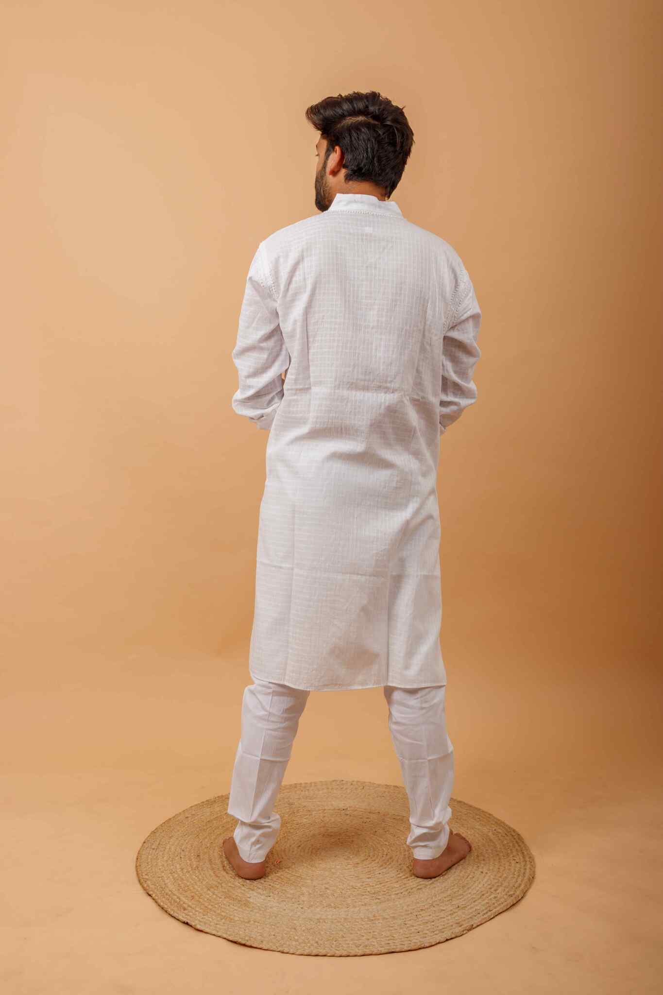 Arsh Handcrafted Self-Checked Hand Embroidered Pure Cotton Men's Kurta - arshchikan