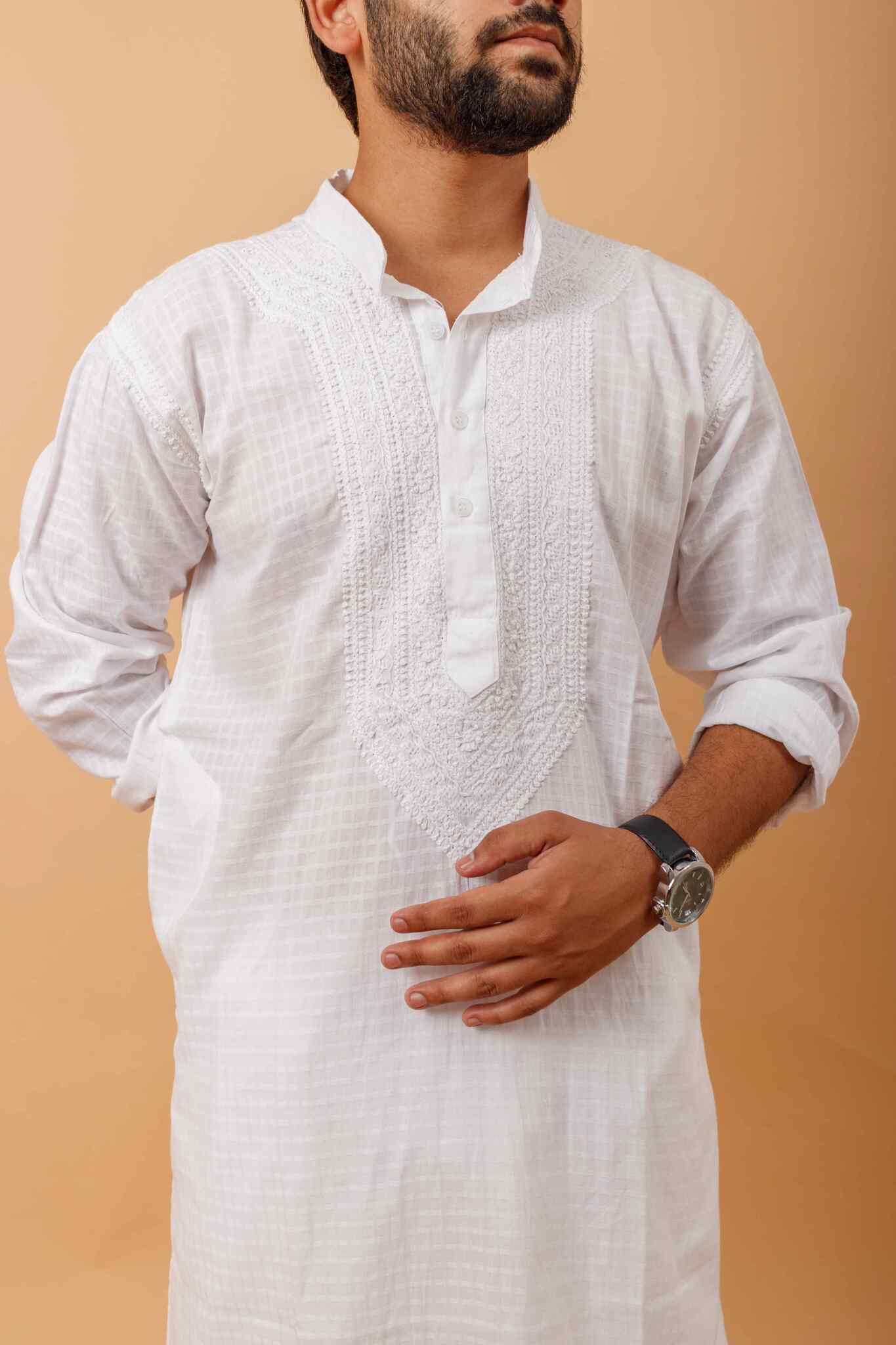 Arsh Handcrafted Self-Checked Hand Embroidered Pure Cotton Men's Kurta - arshchikan
