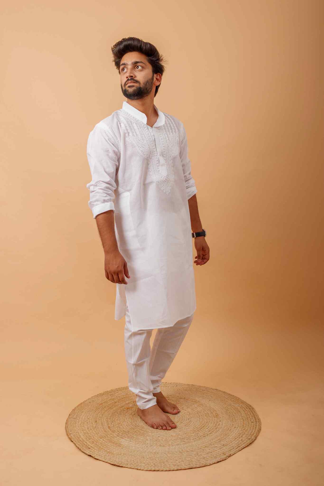 Arsh Handcrafted Yog Neck Daraj Hand Embroidered Pure Cotton Men's Kurta - arshchikan