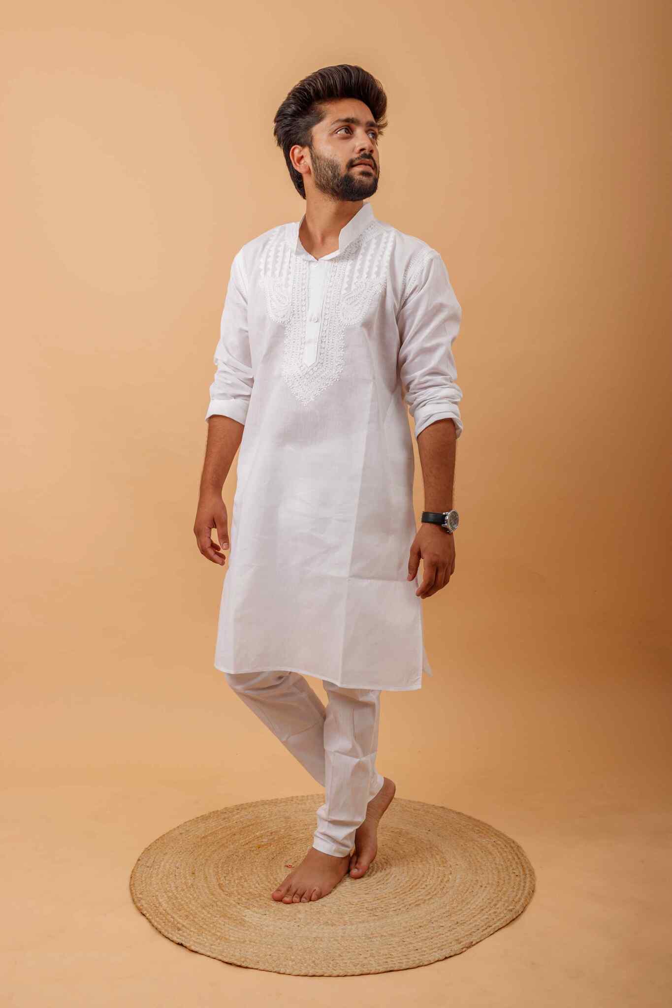 Arsh Handcrafted Yog Neck Daraj Hand Embroidered Pure Cotton Men's Kurta - arshchikan