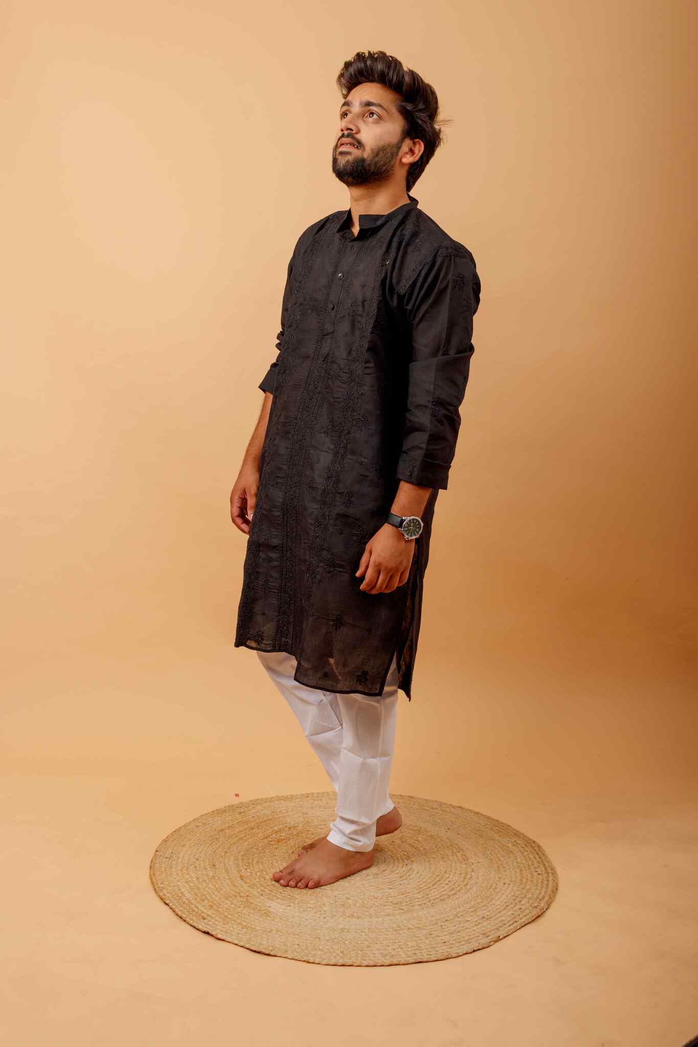 Arsh Handcrafted Black Heavy Chadi Embroidered Pure Cotton Men's Kurta - arshchikan