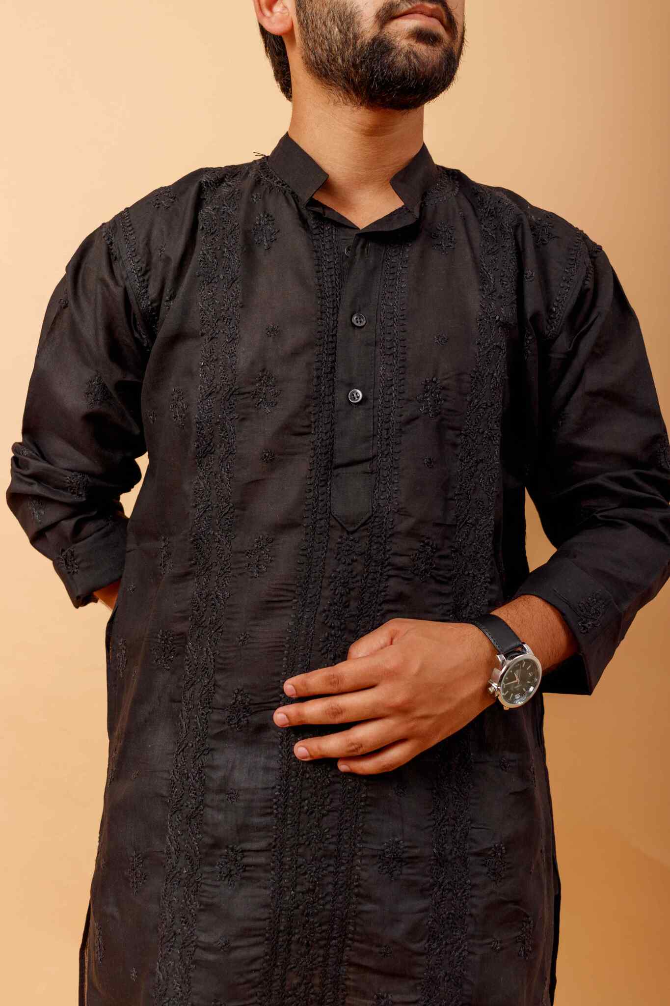 Arsh Handcrafted Black Heavy Chadi Embroidered Pure Cotton Men's Kurta - arshchikan