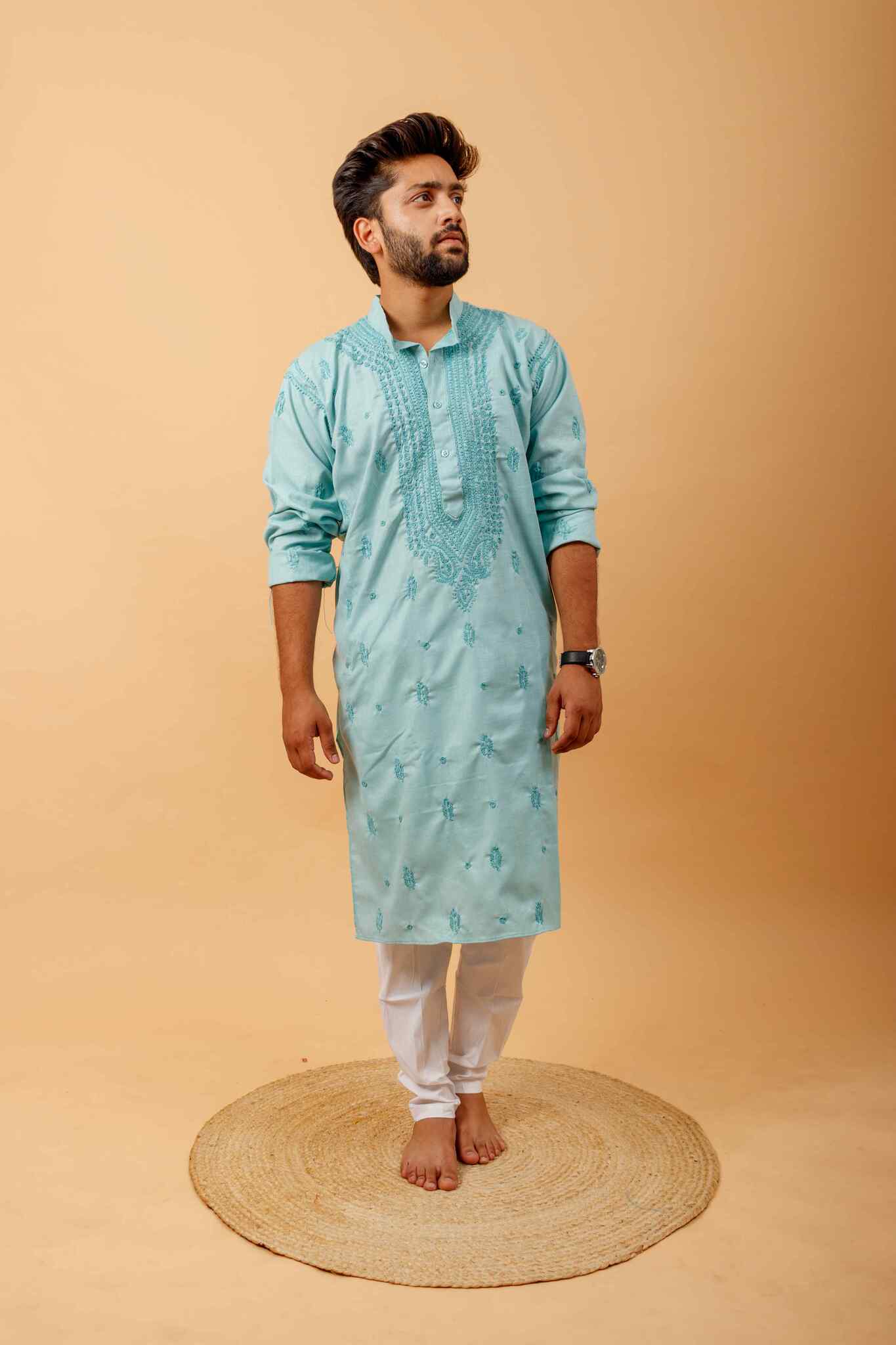 Arsh Handcrafted Firozi Gala Booti Pure Cotton Men's Kurta - arshchikan