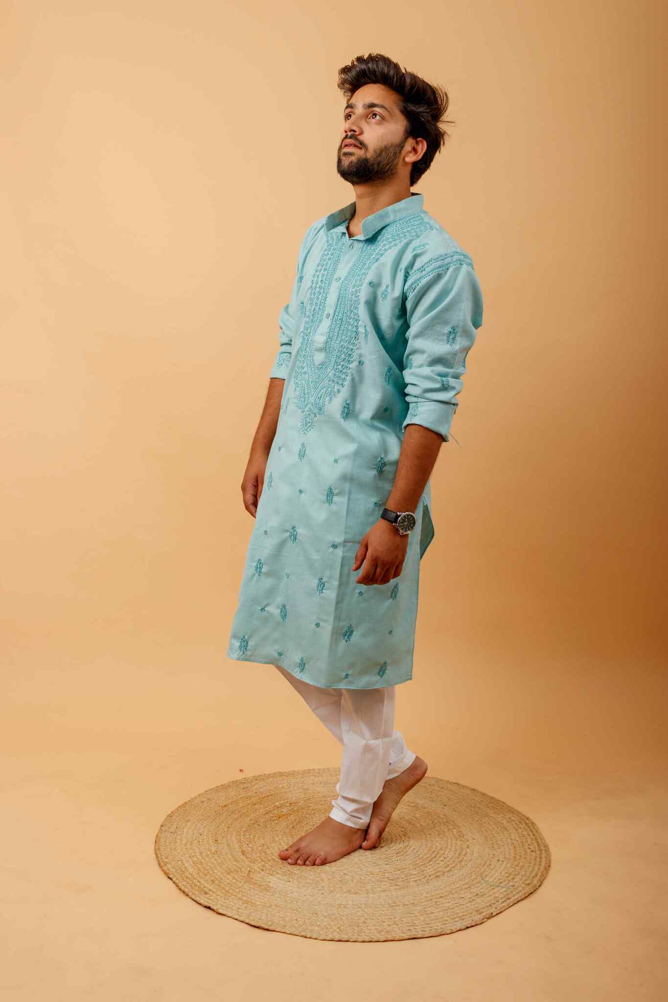 Arsh Handcrafted Firozi Gala Booti Pure Cotton Men's Kurta - arshchikan
