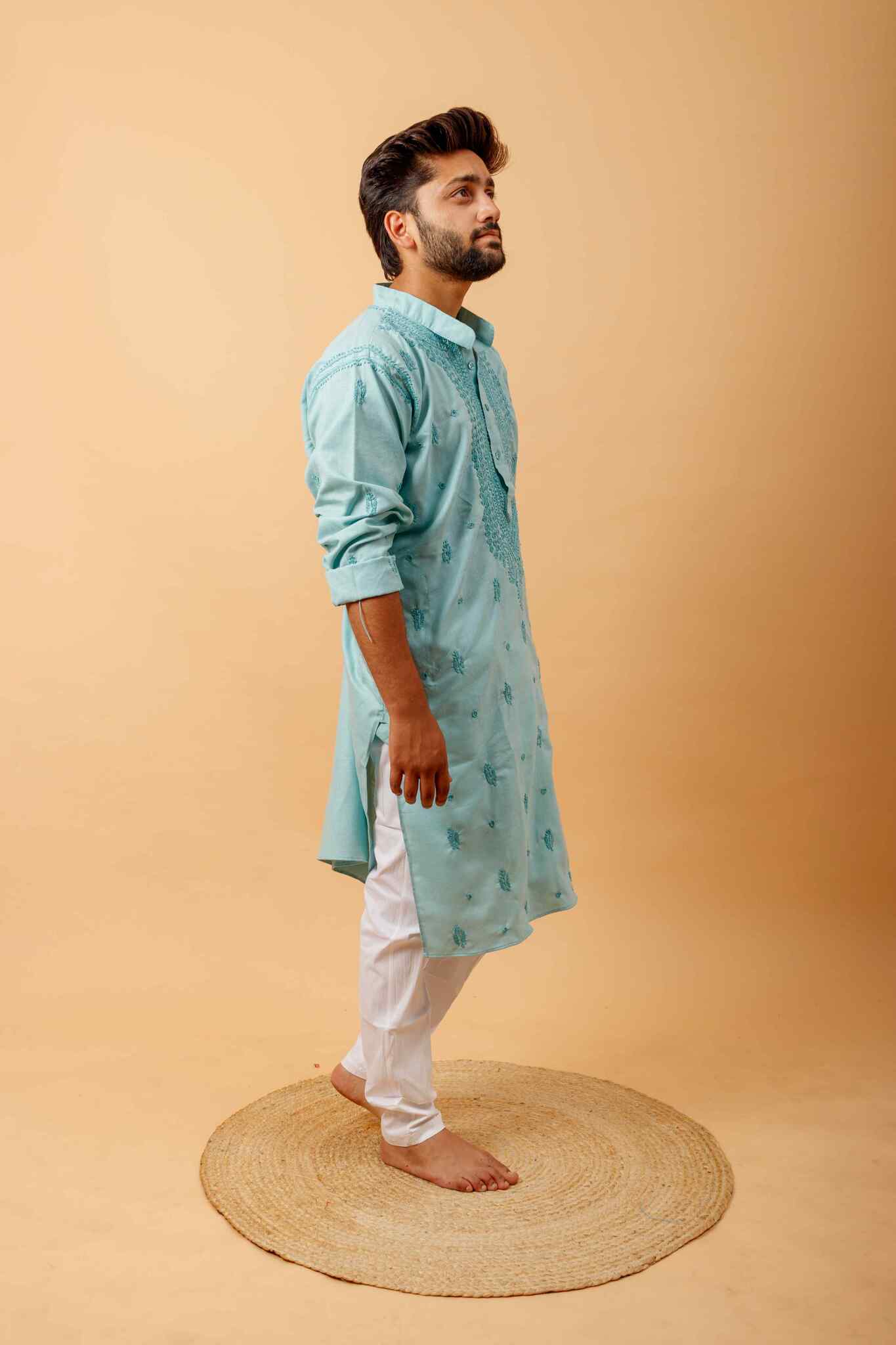 Arsh Handcrafted Firozi Gala Booti Pure Cotton Men's Kurta - arshchikan