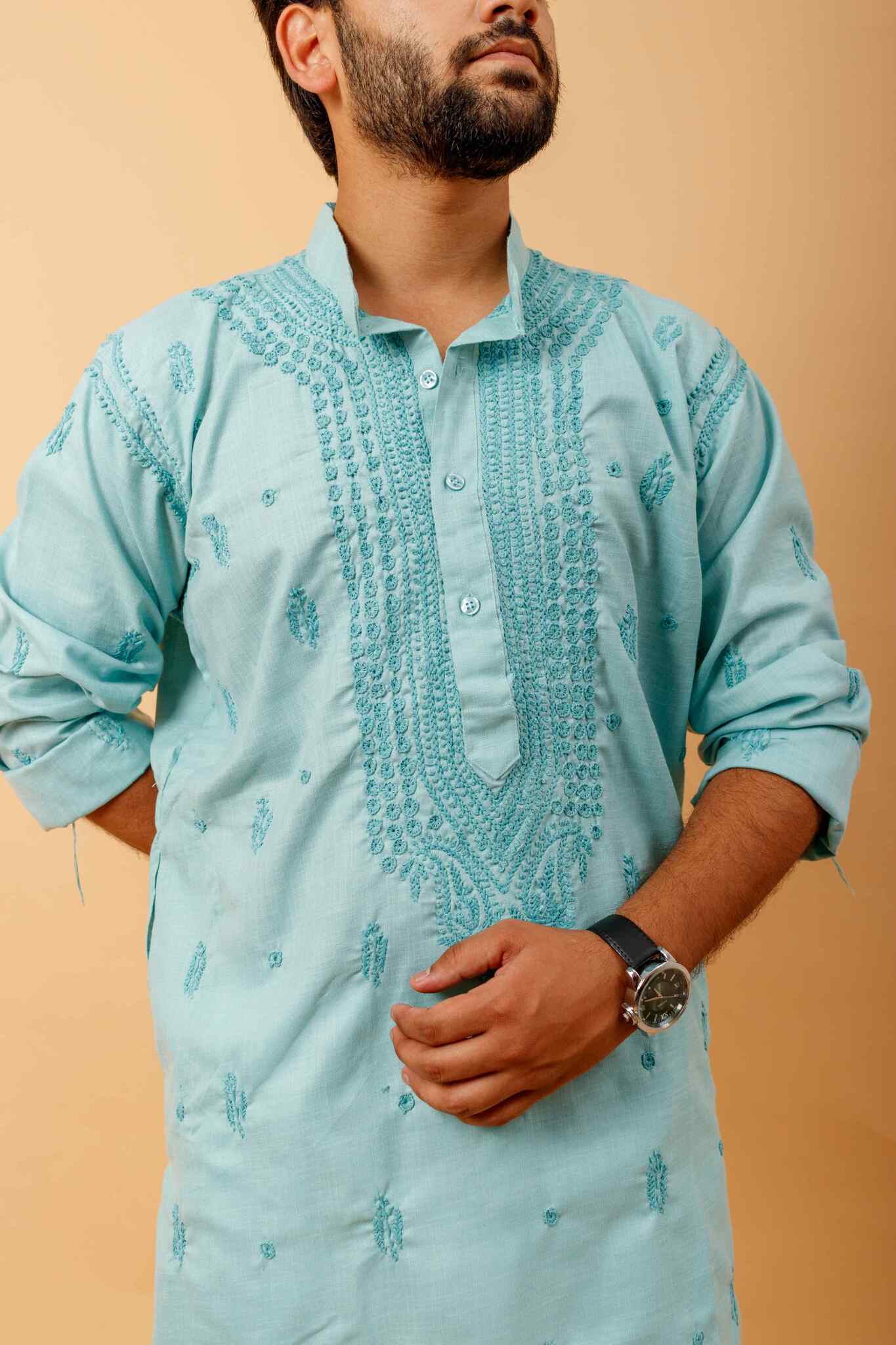 Arsh Handcrafted Firozi Gala Booti Pure Cotton Men's Kurta - arshchikan