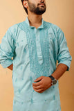 Arsh Handcrafted Firozi Gala Booti Pure Cotton Men's Kurta - arshchikan