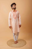 Arsh Handcrafted Salmon Orange Neck Embroidered Pure Cotton Men's Kurta - arshchikan