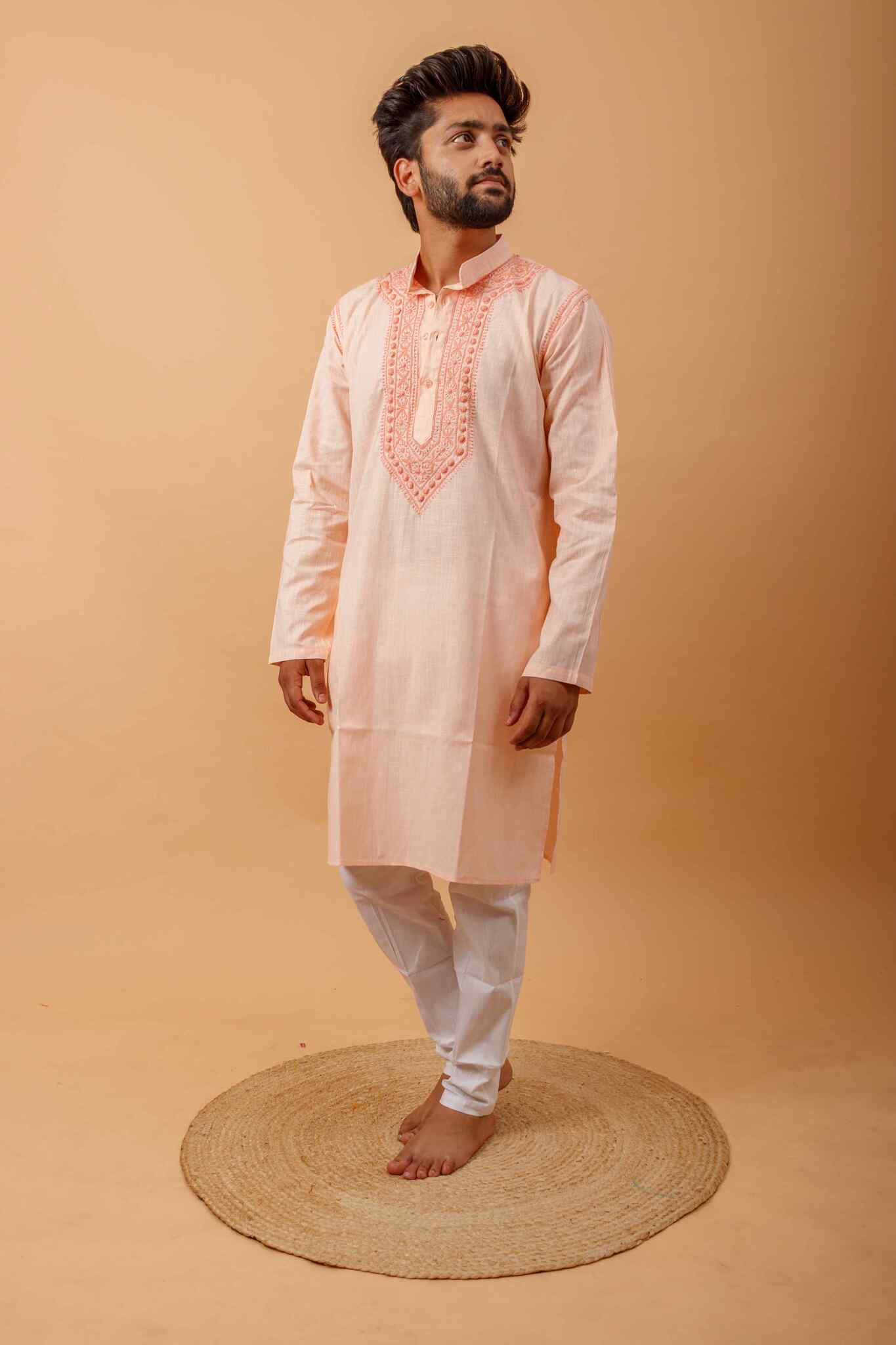 Arsh Handcrafted Salmon Orange Neck Embroidered Pure Cotton Men's Kurta - arshchikan
