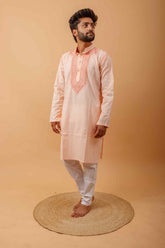 Arsh Handcrafted Salmon Orange Neck Embroidered Pure Cotton Men's Kurta - arshchikan