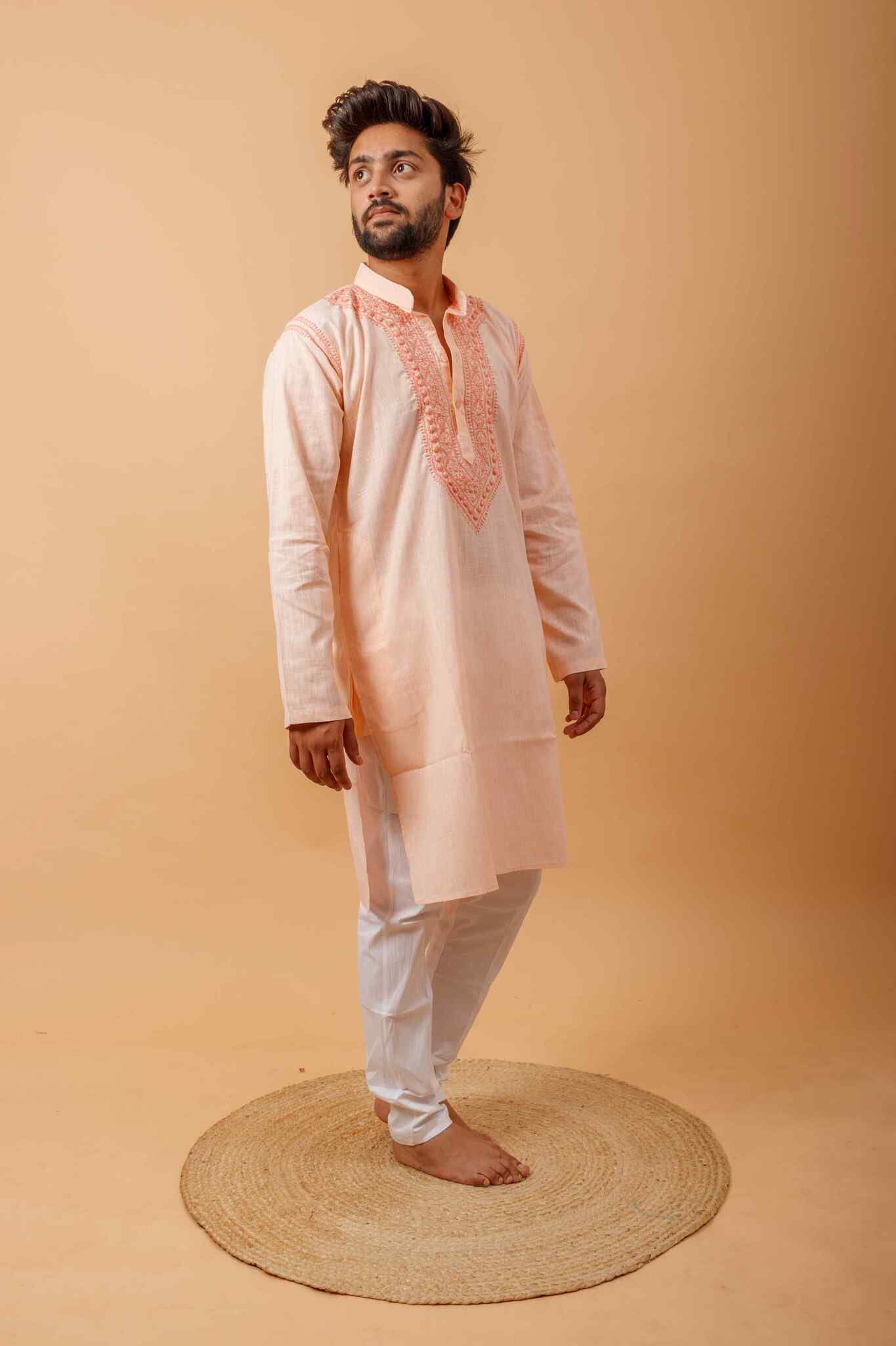 Arsh Handcrafted Salmon Orange Neck Embroidered Pure Cotton Men's Kurta - arshchikan