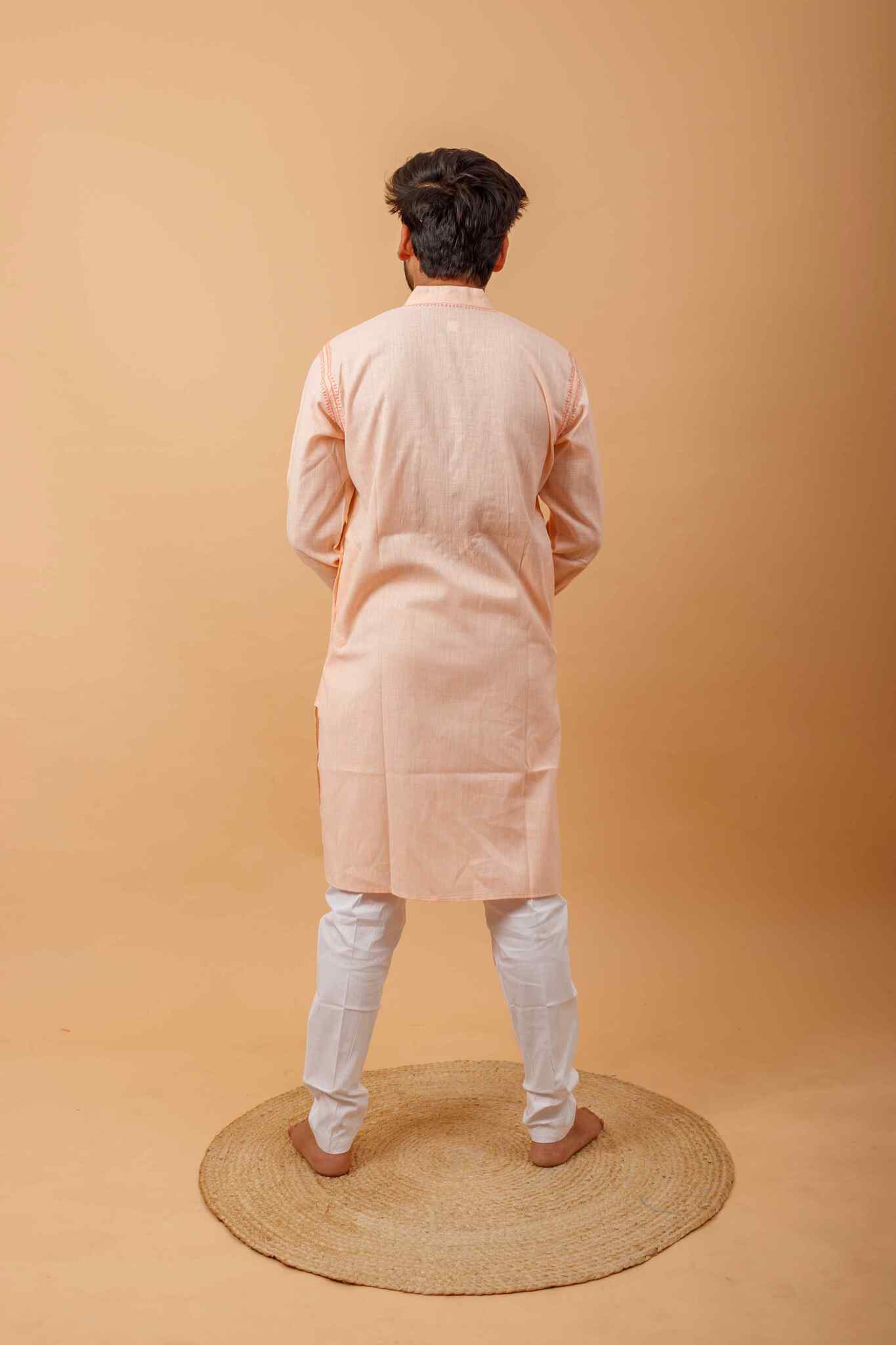 Arsh Handcrafted Salmon Orange Neck Embroidered Pure Cotton Men's Kurta - arshchikan