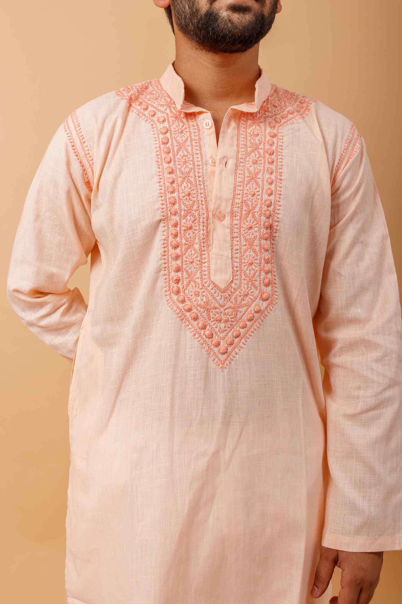 Arsh Handcrafted Salmon Orange Neck Embroidered Pure Cotton Men's Kurta - arshchikan