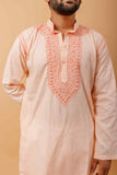 Arsh Handcrafted Salmon Orange Neck Embroidered Pure Cotton Men's Kurta - arshchikan