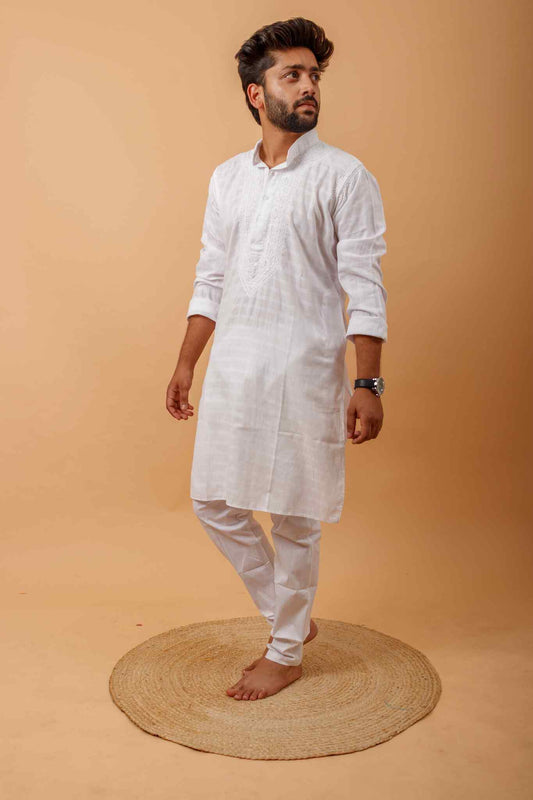 Arsh Handcrafted Self-Checked Hand Embroidered Pure Cotton Men's Kurta - arshchikan