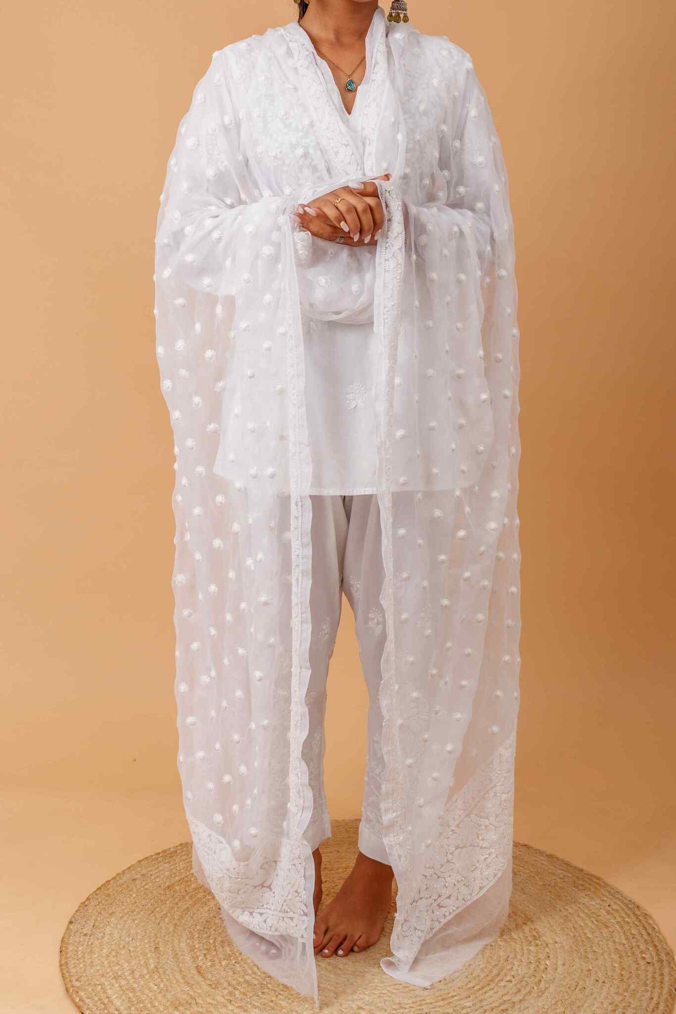 Arsh Handcrafted Chikankari Pakki Heavy Keel All over White Dupatta - arshchikan
