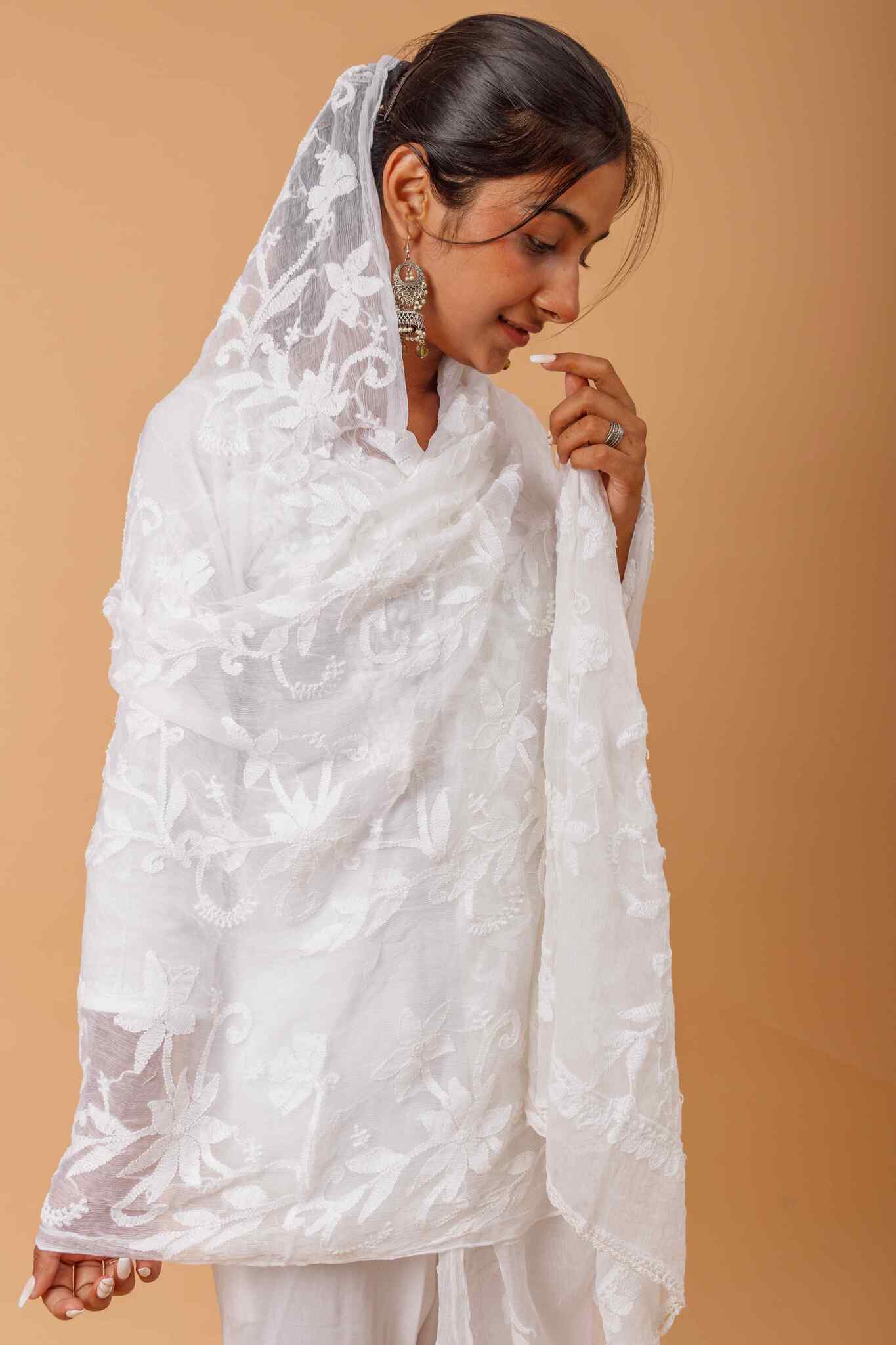 Arsh Handcrafted Chikankari Pure Chiffon Heavy Chikan embroidered Dupatta - arshchikan
