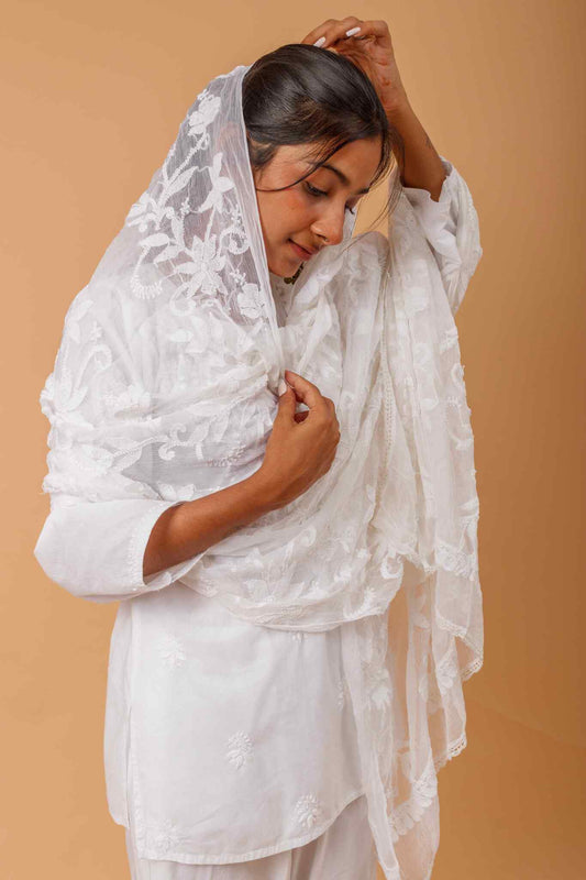 Arsh Handcrafted Chikankari Pure Chiffon Heavy Chikan embroidered Dupatta - arshchikan