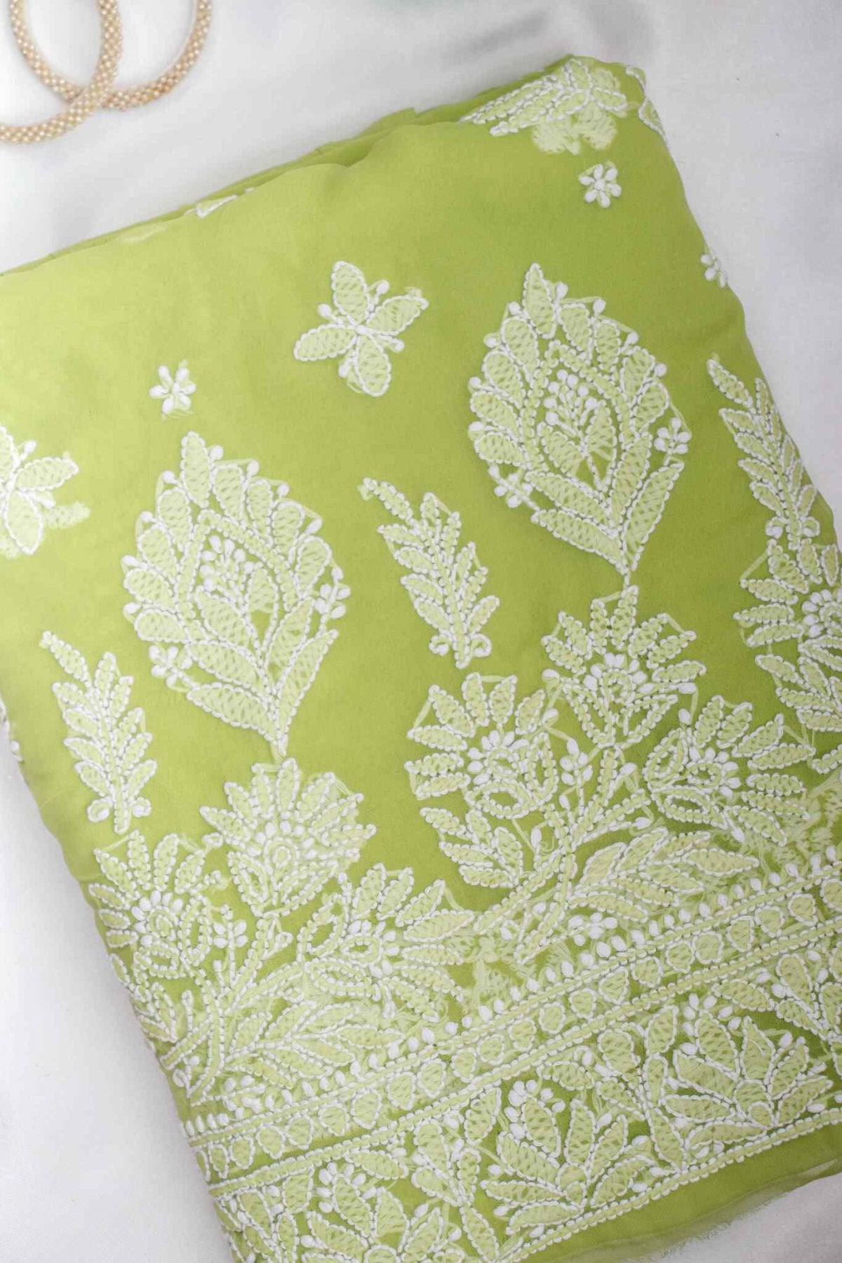 Arsh Handcrafted Emerald Green Georgette Unstitched Chikankari 3pc Suit - arshchikan