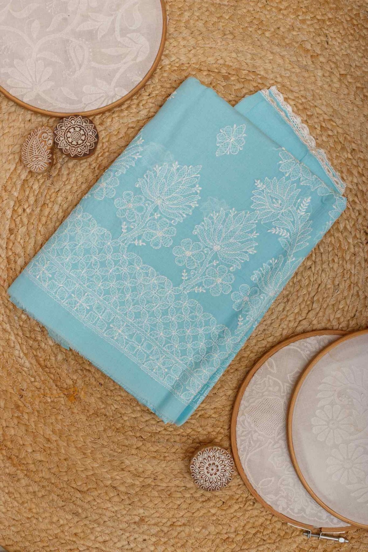 Arsh Handcrafted Sky Blue Cotton Unstitched Chikankari 3pc Suit Set - arshchikan