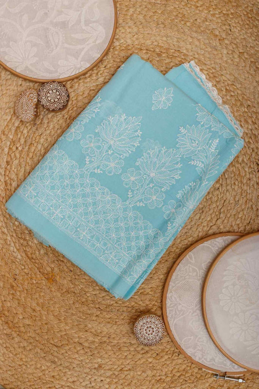 Arsh Handcrafted Sky Blue Cotton Unstitched Chikankari 3pc Suit Set - arshchikan