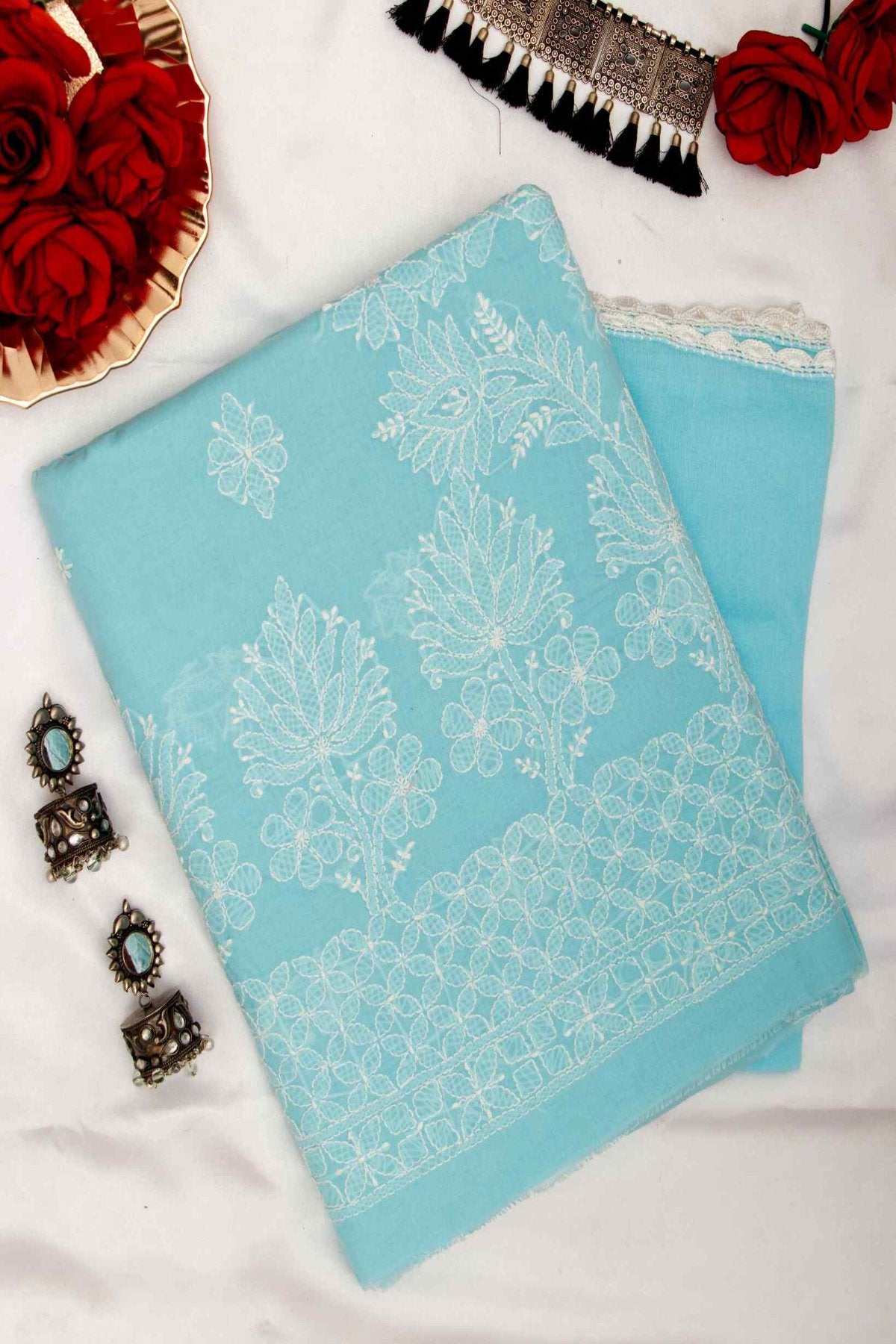 Arsh Handcrafted Sky Blue Cotton Unstitched Chikankari 3pc Suit Set - arshchikan