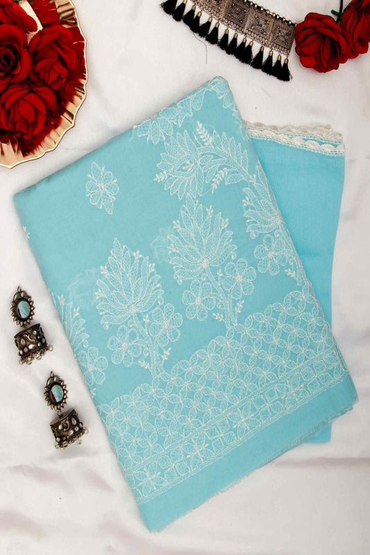 Arsh Handcrafted Sky Blue Cotton Unstitched Chikankari 3pc Suit Set - arshchikan