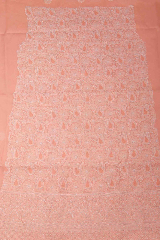 Arsh Handcrafted Peach Cotton Unstitched Chikankari Front Jaal 3pc Suit - arshchikan