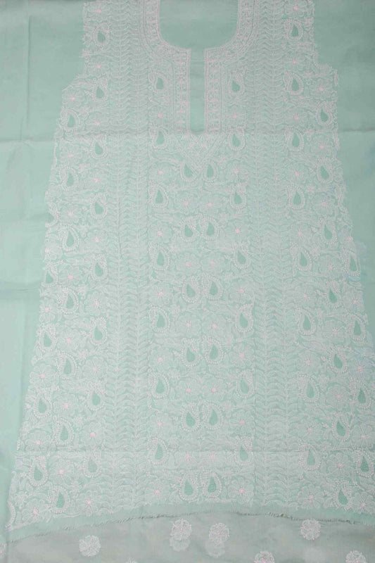 Arsh Handcrafted Sea Green Cotton Unstitched Chikankari Front Jaal 3pc Suit - arshchikan