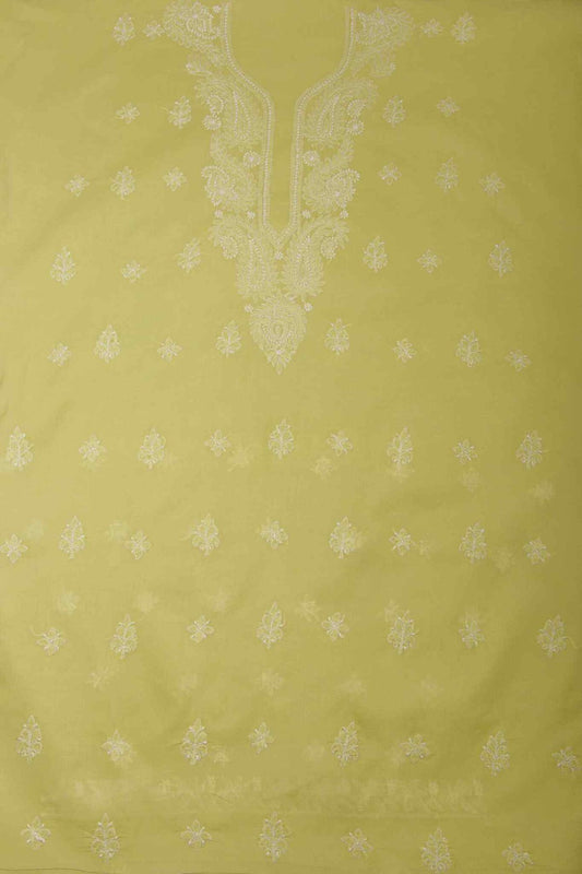 Arsh Handcrafted Pista Green Cotton Unstitched Chikankari Front Jaal 3pc Suit - arshchikan