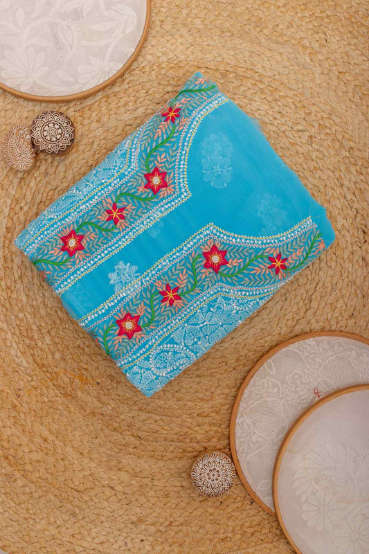 Arsh Handcrafted Parsi Neck Front Jaal Georgette Unstitched Chikankari 3pc Suit - arshchikan