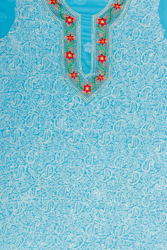 Arsh Handcrafted Parsi Neck Front Jaal Georgette Unstitched Chikankari 3pc Suit - arshchikan