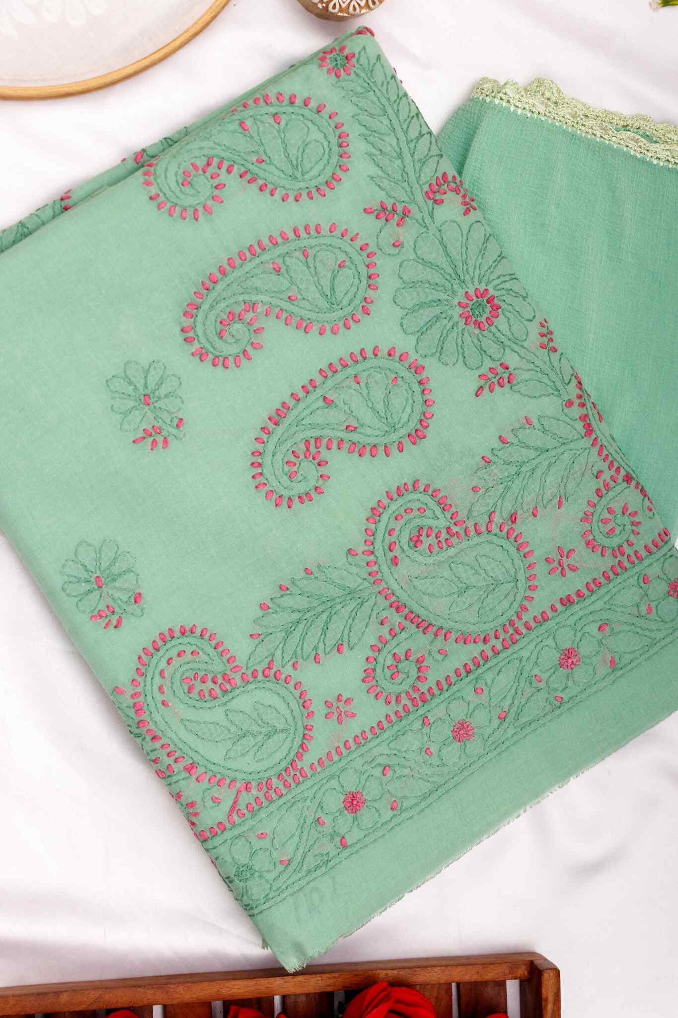 Arsh Handcrafted Dark Green Cotton Unstitched Chikankari 3pc Suit - arshchikan