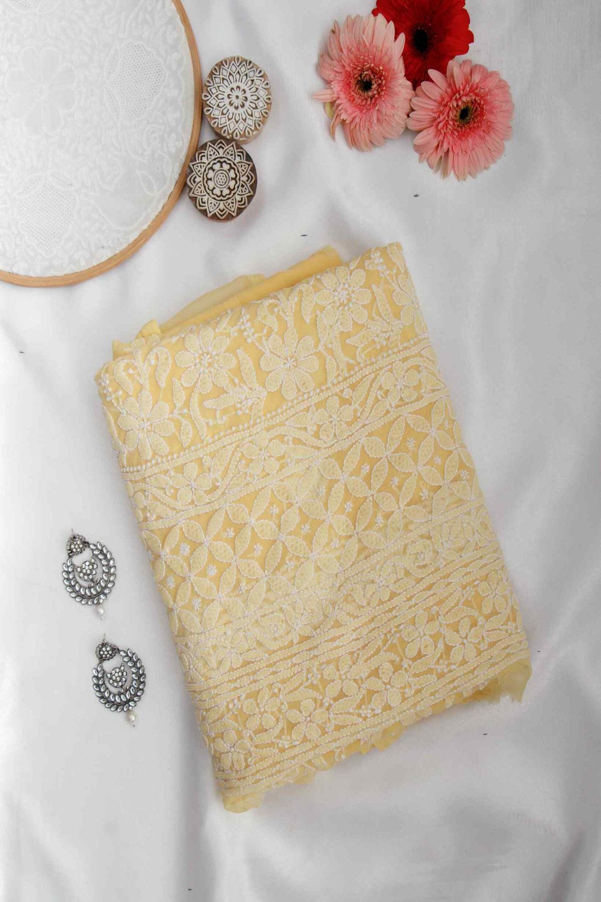 Arsh Handcrafted Lemon Front Jaal Georgette Unstitched Chikankari 3pc Suit - arshchikan