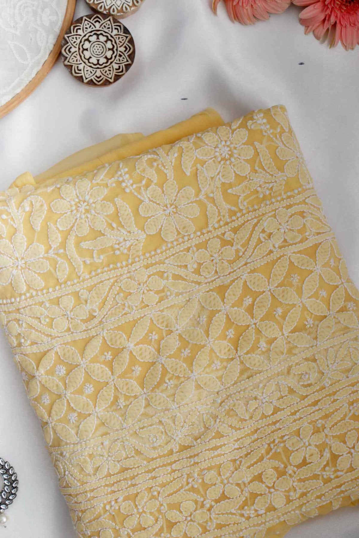 Arsh Handcrafted Lemon Front Jaal Georgette Unstitched Chikankari 3pc Suit - arshchikan