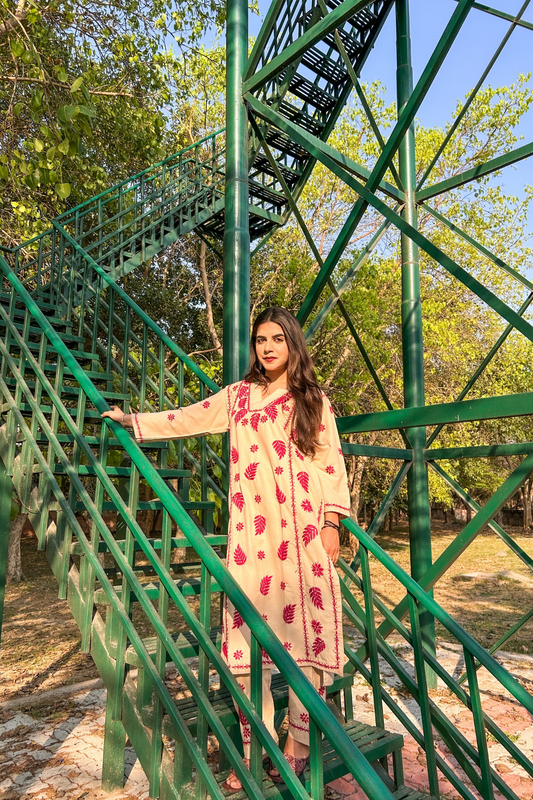 Arsh Handcrafted Khadi Cotton 3pc Kurti, Pant and Dupatta Chikankari Set