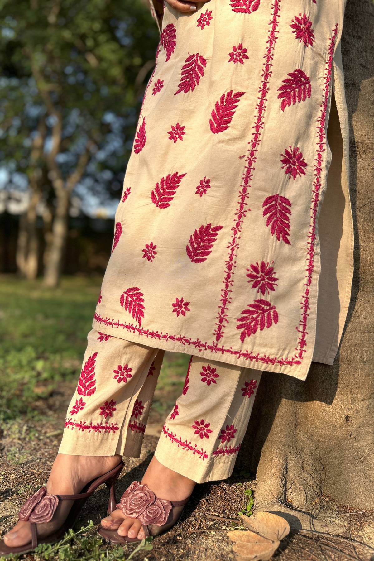 Arsh Handcrafted Khadi Cotton 3pc Kurti, Pant and Dupatta Chikankari Set - arshchikan