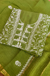 Arsh Handcrafted Mul Chanderi Unstitched Chikankari Kurti and Dupatta set