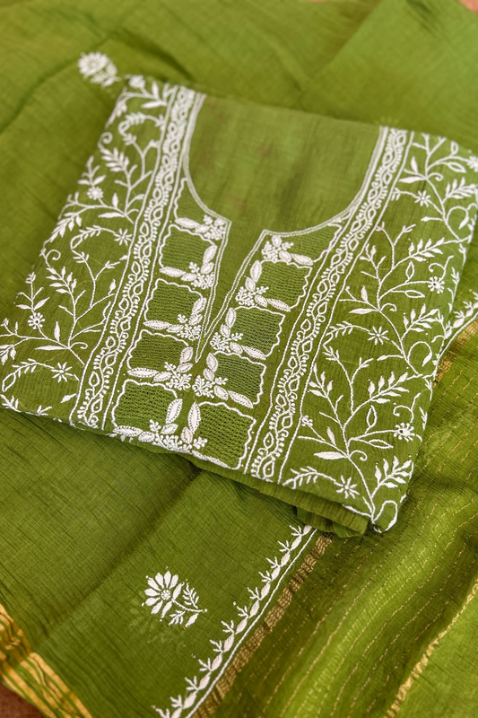 Arsh Handcrafted Mul Chanderi Unstitched Chikankari Kurti and Dupatta set