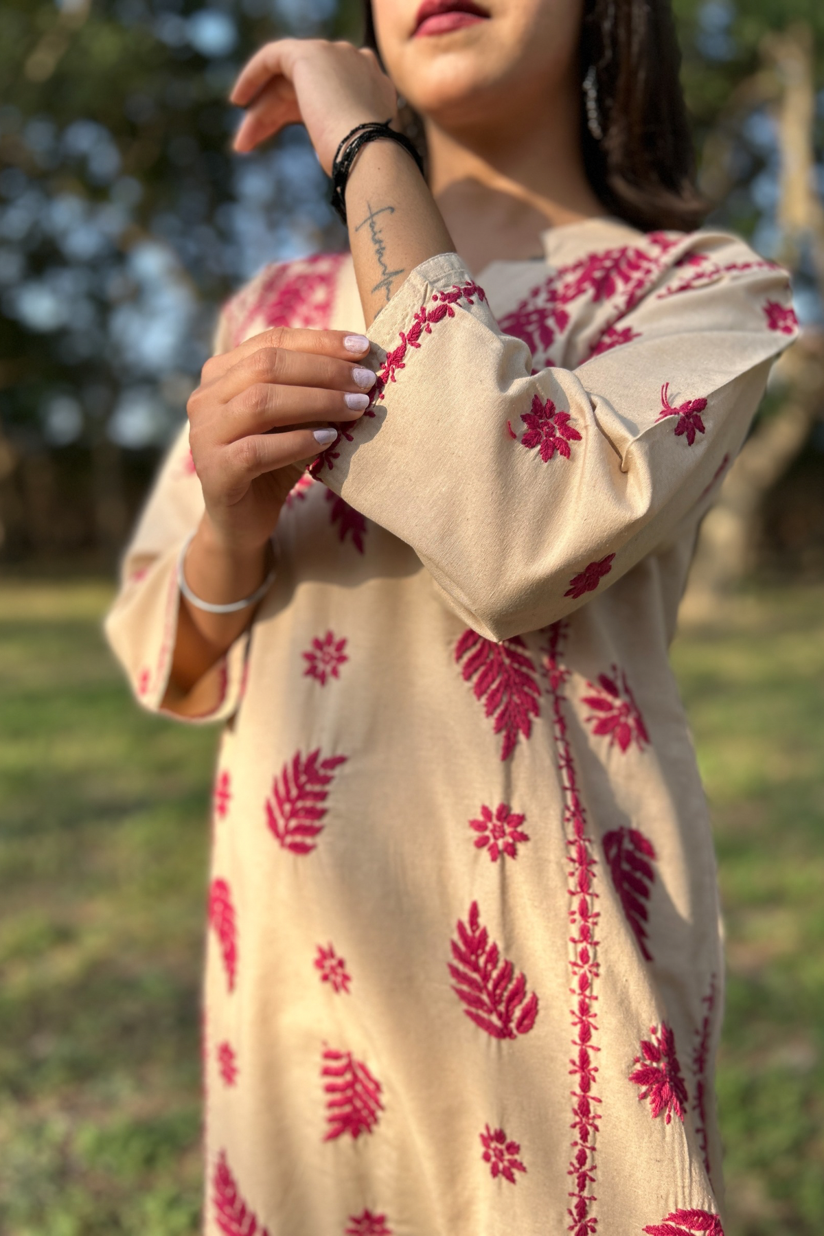 Arsh Handcrafted Khadi Cotton 3pc Kurti, Pant and Dupatta Chikankari Set - arshchikan