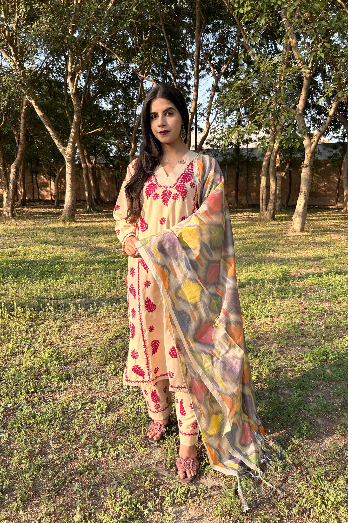 Arsh Handcrafted Khadi Cotton 3pc Kurti, Pant and Dupatta Chikankari Set - arshchikan