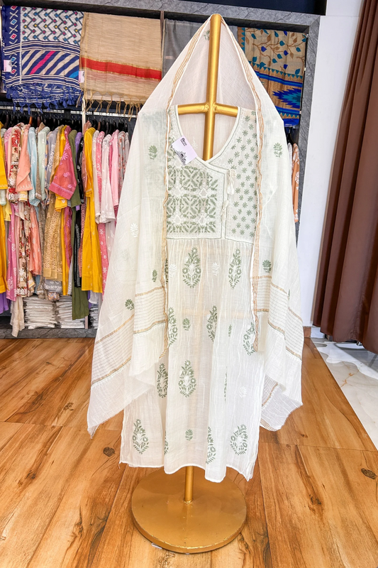 Arsh Handcrafted Pure Mul Chanderi Angarkha Kurti and Dupatta Stitched Set