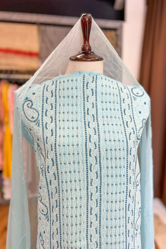 Arsh Handcrafted Sky Blue Cotton Unstitched Chikankari 3pc Suit