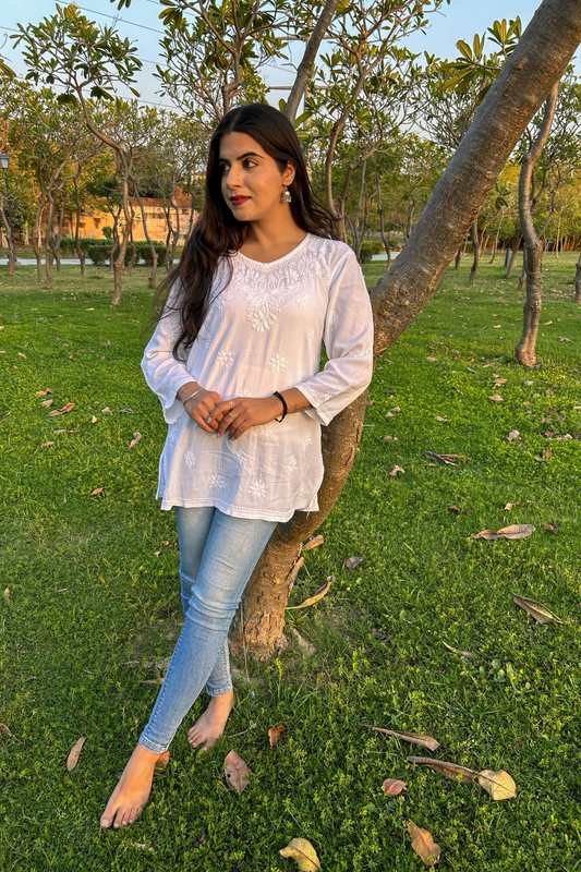 Arsh Handcrafted Pure Mulmul Crepe White Chikan Short Top