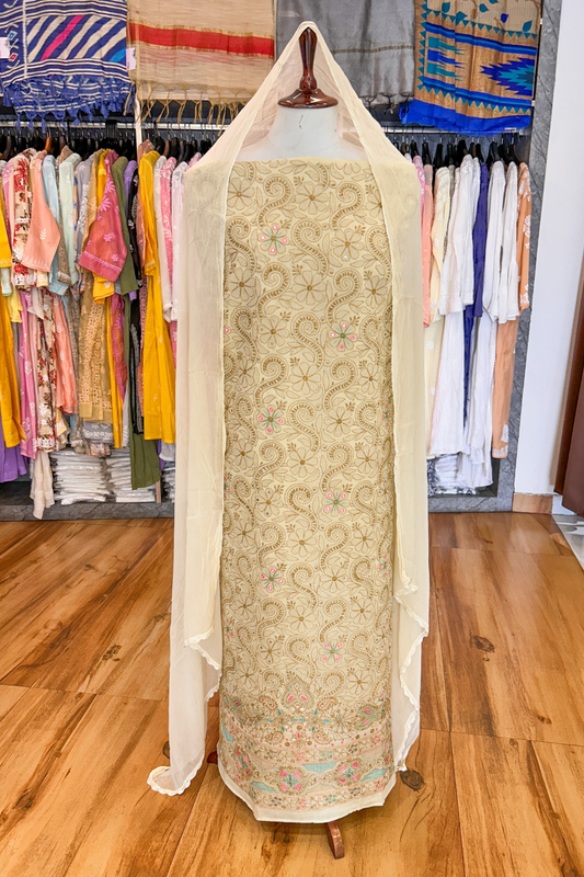 Arsh Handcrafted Almond Fawn Cotton Unstitched Chikankari 3pc Suit Set