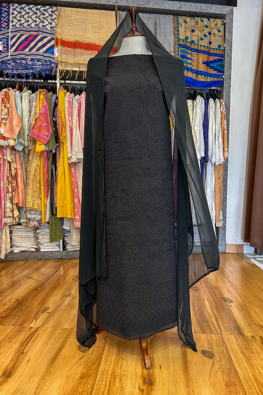 Arsh Handcrafted Black Cotton Unstitched Chikankari Suit Piece